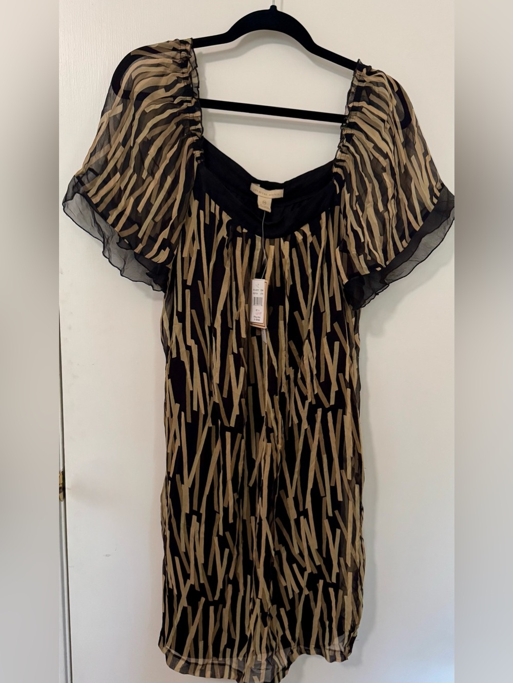 Silk Black and Tan Printed Midi Dress with Flutter Sleeves